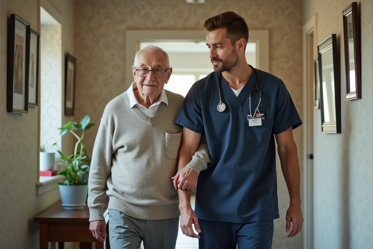 Jeune soignant aidant un senior dans un couloir lumineux