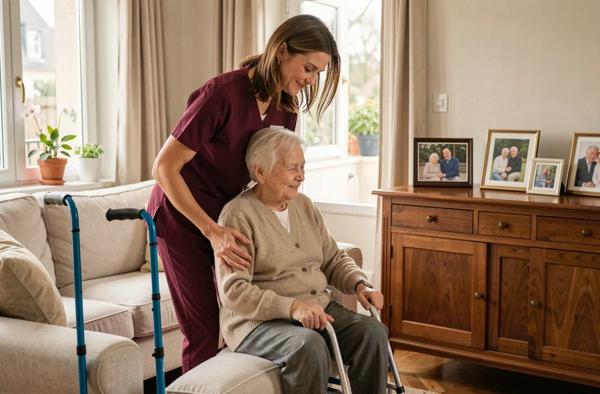 Une accompagnatrice AD Seniors aide une personne âgée lors d'exercices de mobilité à Dijon