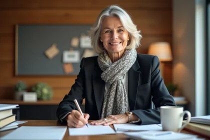 Femme souriante écrivant une carte d'adieu dans un bureau