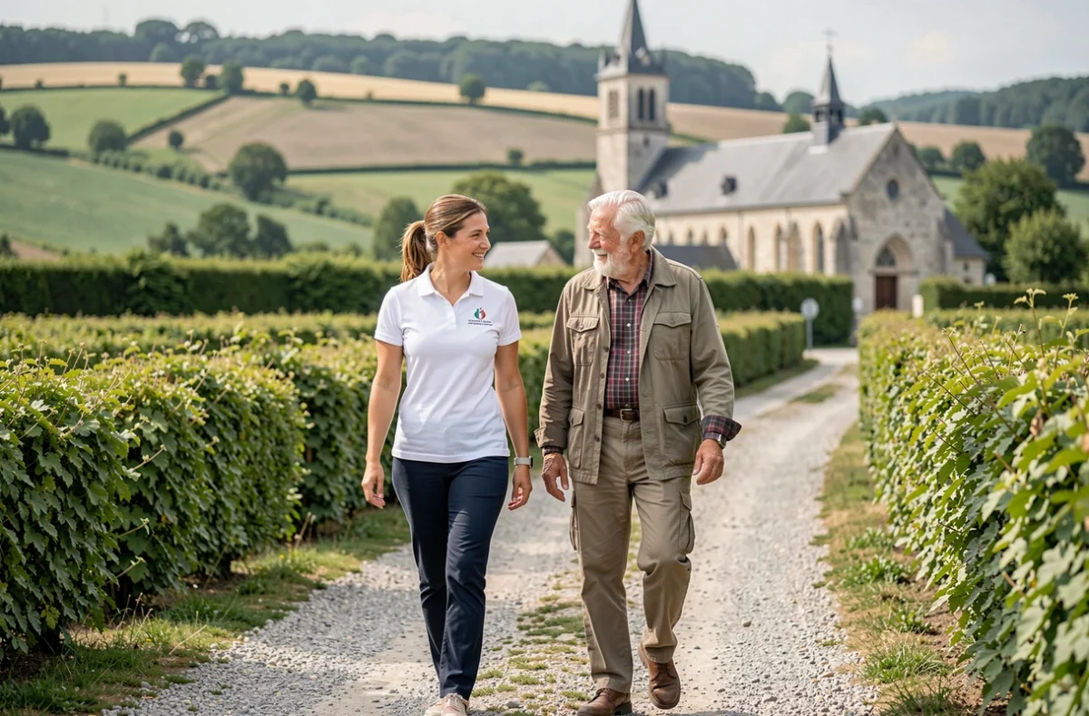 Une auxiliaire de vie ADMR accompagne un senior lors d'une promenade en milieu rural en Bourgogne