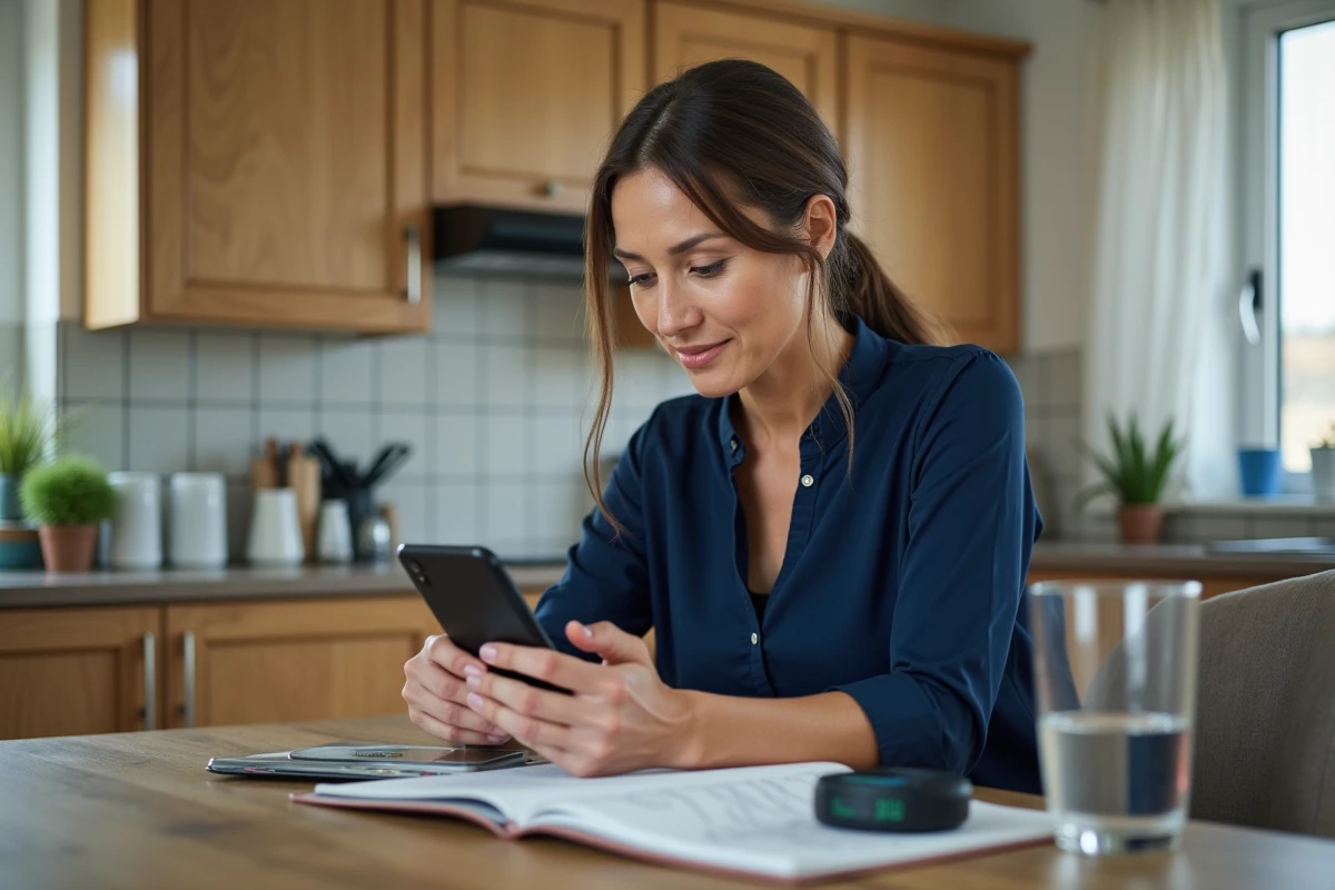 Aidante familiale soulagée consultant l'application GPS de suivi Alzheimer sur smartphone dans sa cuisine
