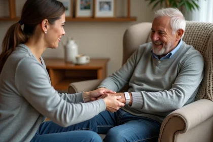 Aidante familiale attachant un bracelet GPS Alzheimer au poignet d'un senior dans un salon familial chaleureux