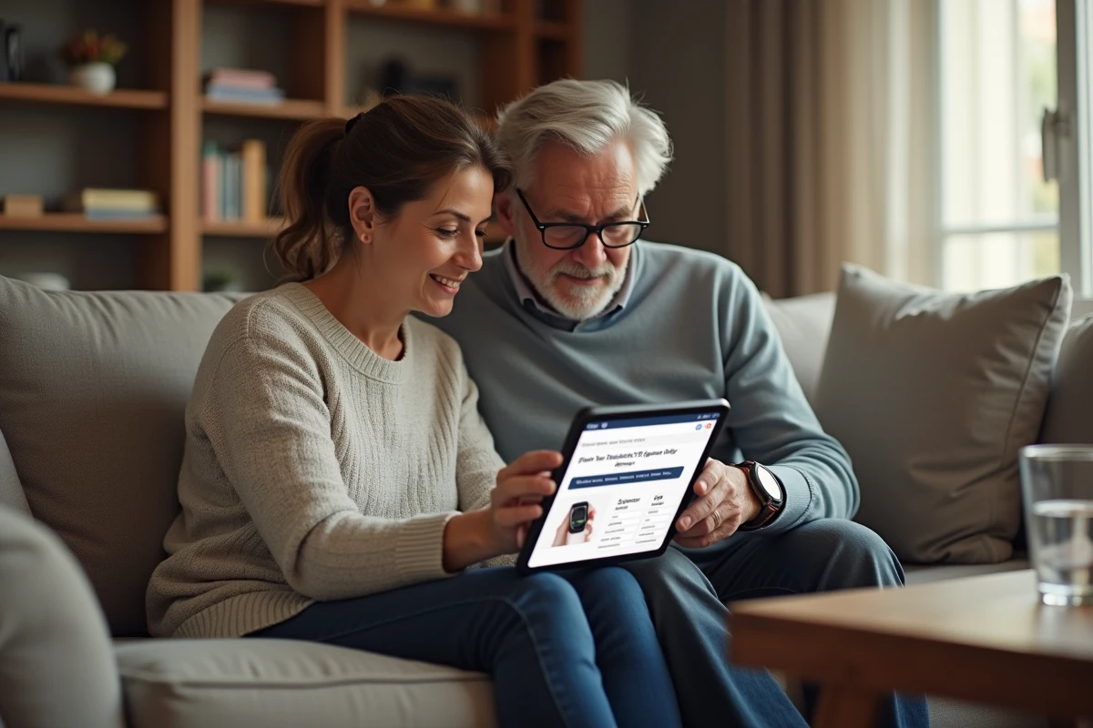 Aidante familiale et senior comparant des montres détecteurs de chute sur une tablette dans un salon