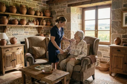 Une aide à domicile accompagne une personne âgée dans une maison traditionnelle de Bourgogne-Franche-Comté