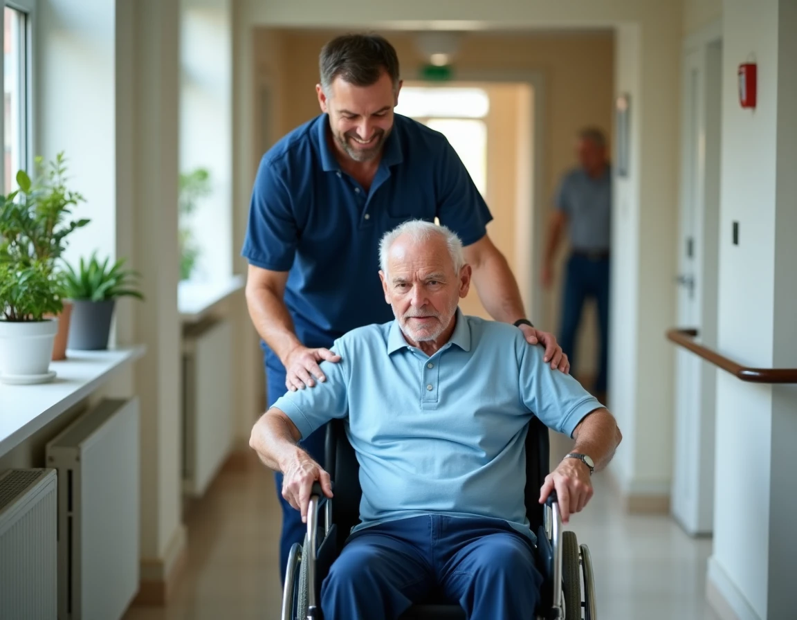 Un aidant professionnel aide un homme &acirc;g&eacute; d&eacute;pendant &agrave; se lever de son fauteuil roulant dans un couloir de maison de retraite
