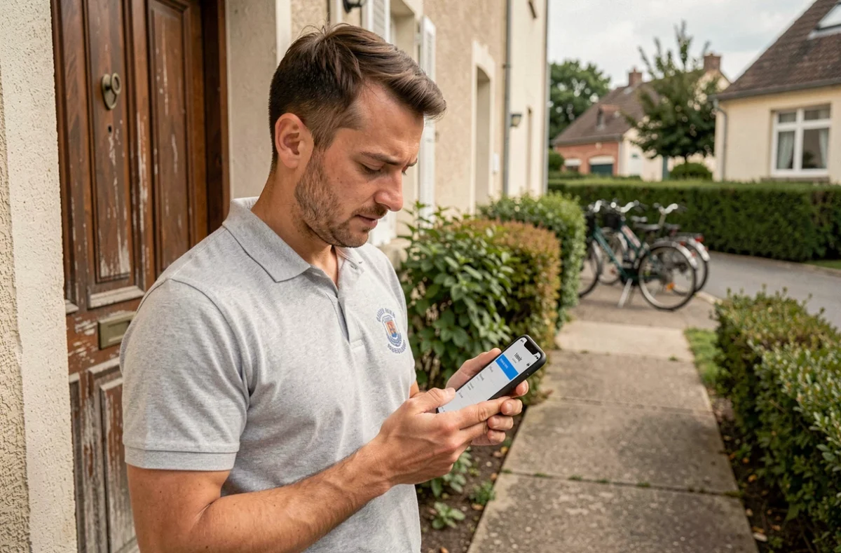 Aide à domicile municipal consultant son planning sur smartphone devant le logement d'un bénéficiaire en zone pavillonnaire