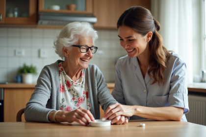 Femme âgée aidée par une soignante à organiser ses médicaments
