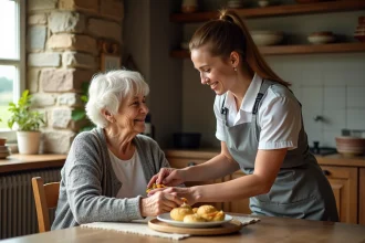 Aide-soignante aidant une personne âgée dans une cuisine rurale