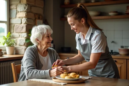 Aide-soignante aidant une personne &acirc;g&eacute;e dans une cuisine rurale