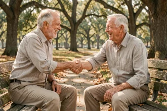 Deux amis de 70 ans se serrant chaleureusement la main dans un parc, célébrant leur amitié de longue date