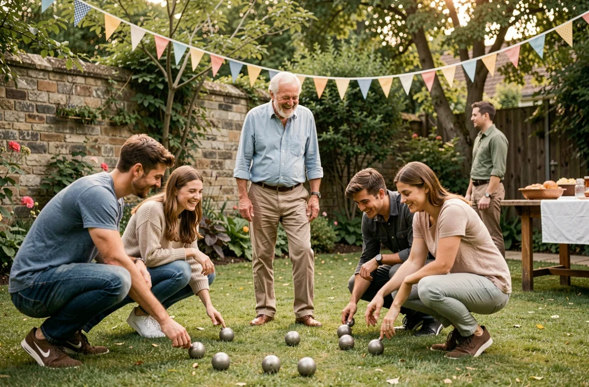 Homme de 70 ans jouant à la pétanque en famille dans un jardin décoré pour un anniversaire intergénérationnel