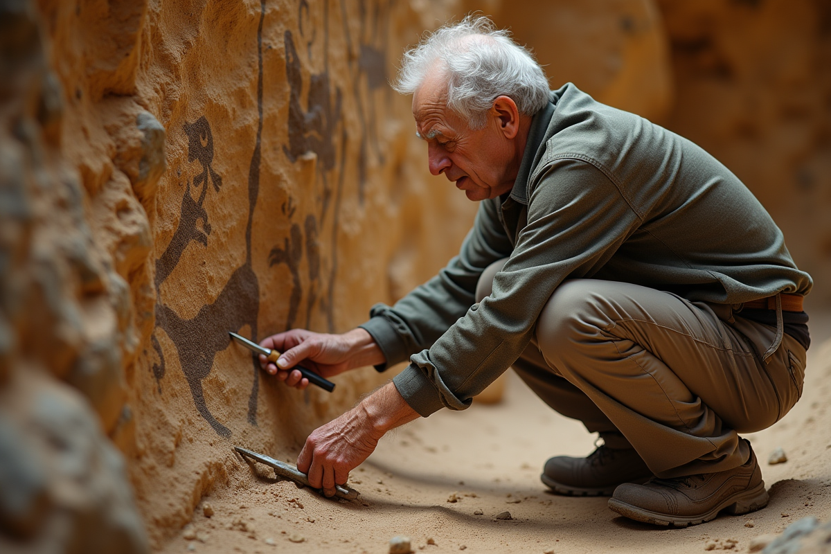 Archéologue nettoyant une peinture ancienne dans la grotte