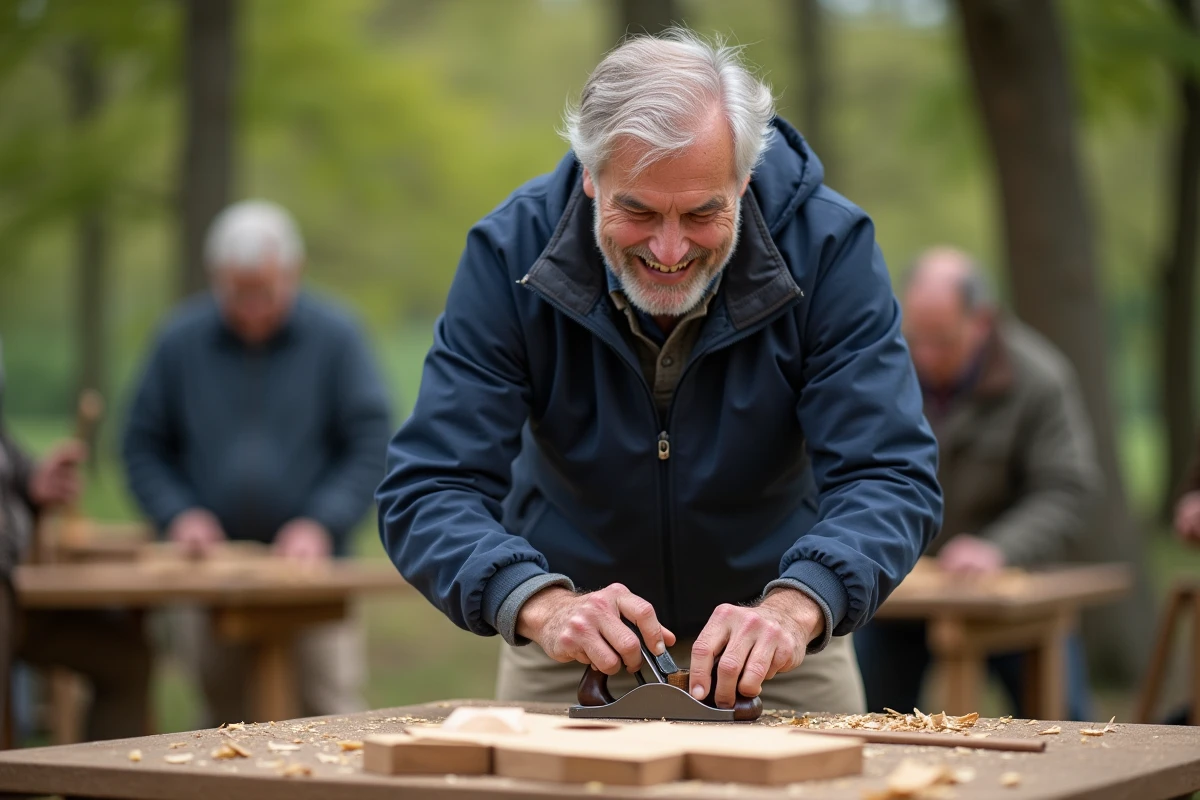 Homme de 60 ans lime du bois lors d