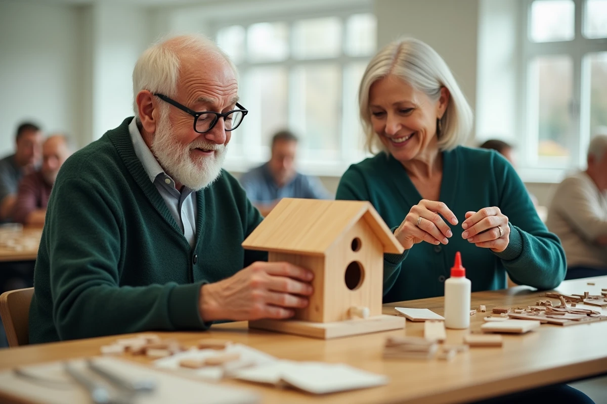 Un homme âgé et sa fille assemblent ensemble une maison pour oiseaux en bois lors d'un atelier de loisirs créatifs intergénérationnel