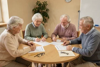 Groupe de personnes âgées participant à un atelier mémoire autour d'un quizz imprimé en EHPAD