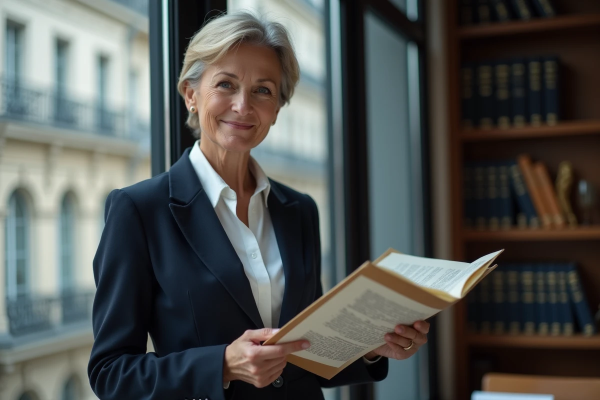 Avocate fran&ccedil;aise consultant un dossier juridique sur la l&eacute;gislation des puces GPS humaines dans un cabinet parisien
