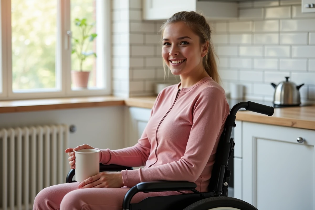 Jeune femme en fauteuil roulant portant un babygro adaptatif rose poudré dans une cuisine moderne, souriant avec dignité en tenant une tasse de café