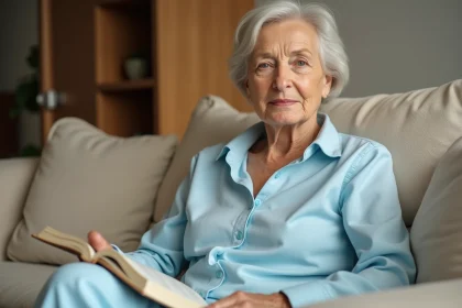 Femme adulte portant un babygro adaptatif bleu pastel, assise confortablement dans un salon moderne, lisant un livre avec une expression sereine et digne