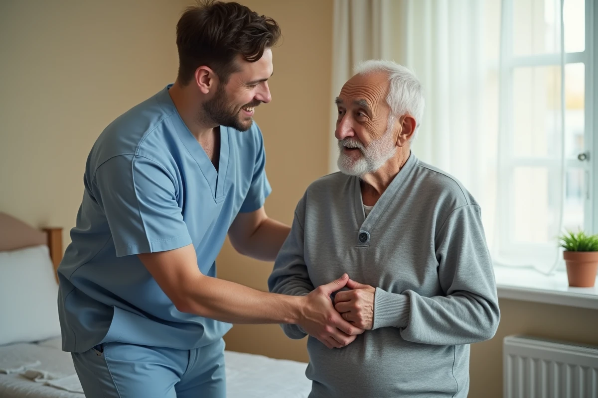Soignant aidant un homme âgé à porter un babygro adaptatif gris en coton dans une chambre de soins accueillante, interaction bienveillante et respectueuse