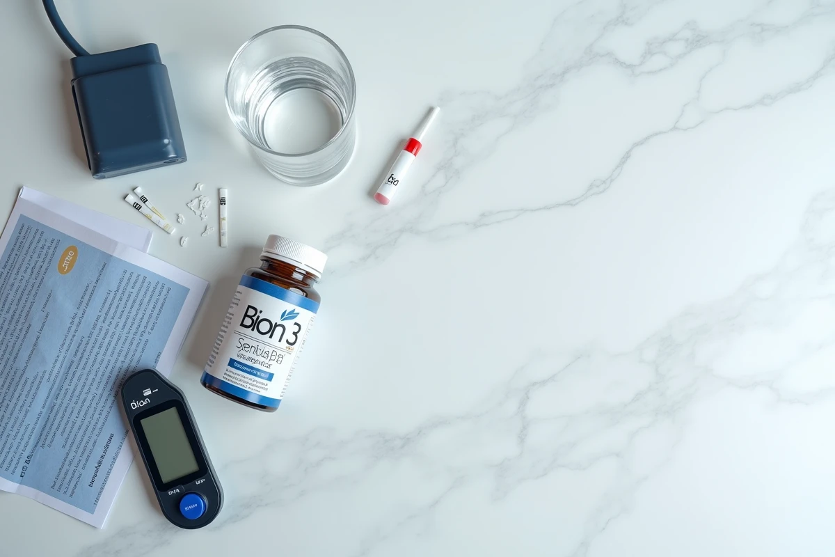 Flat lay des contre-indications de Bion 3 Senior avec tensiomètre, glucomètre et notice médicale sur marbre blanc