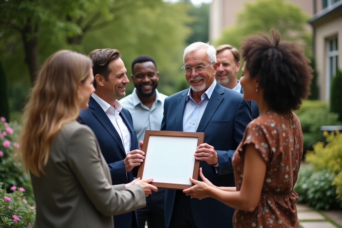 Groupe de collègues offrant un souvenir à un retraité dans un jardin