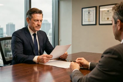 Cadre senior en costume marine négociant un poste dans un bureau moderne avec un consultant professionnel