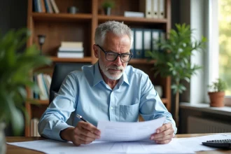 Homme de 58 ans calculant sa retraite avec rachat de trimestres sur des documents papier dans un bureau à domicile