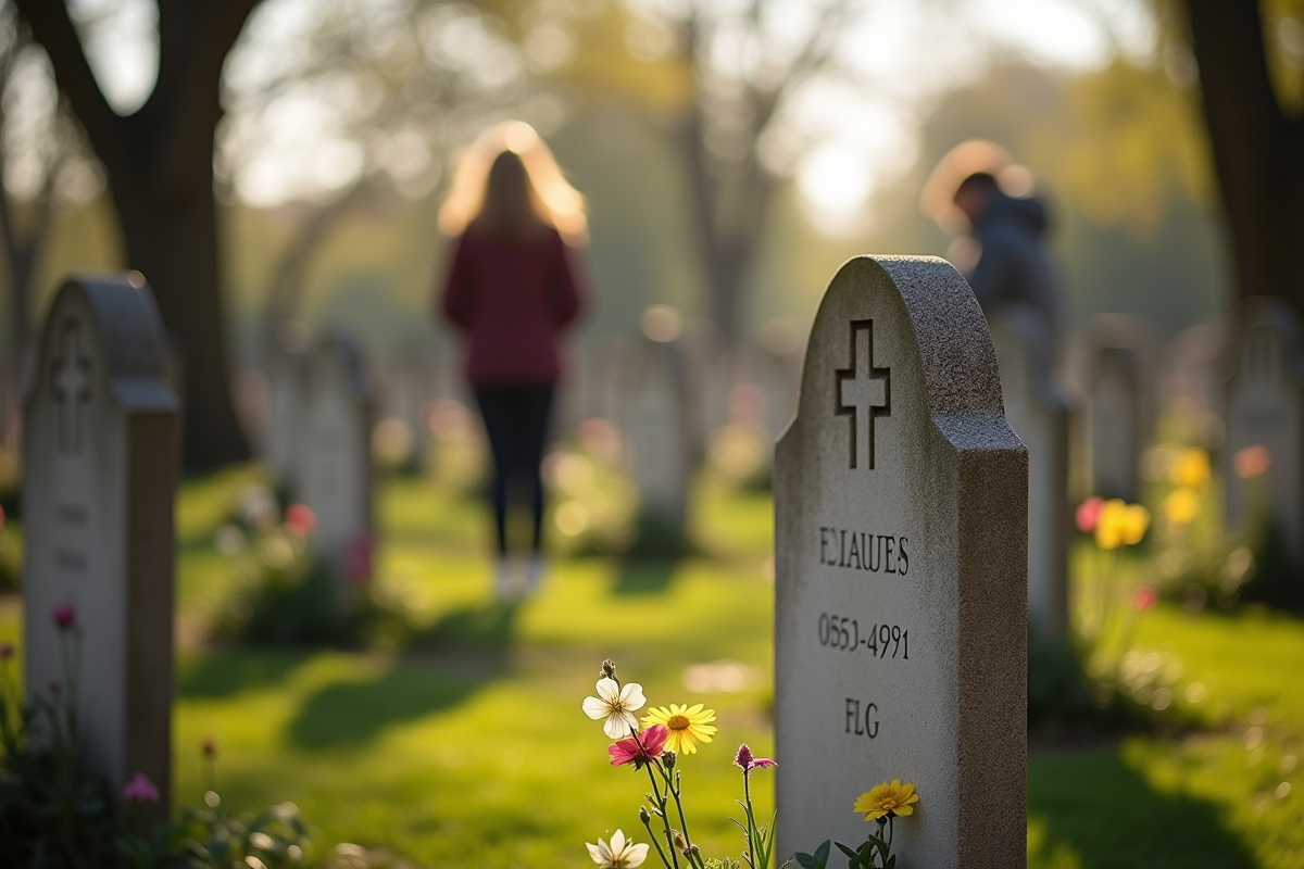 Cimetière français au printemps avec tombes et fleurs ensoleillées