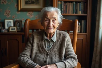 Femme centenaire souriante dans un salon chaleureux