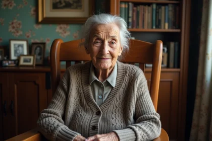 Femme centenaire souriante dans un salon chaleureux