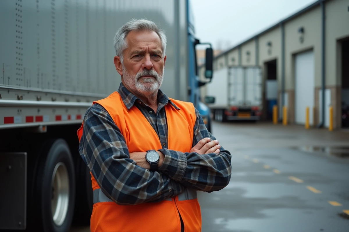 Chauffeur de poids lourd en fin de carrière devant son camion dans un dépôt logistique