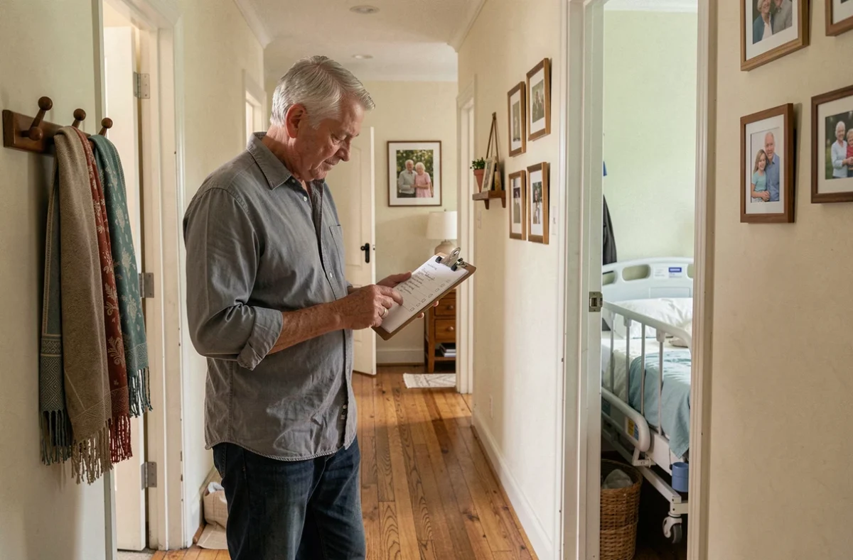 Un fils adulte vérifie une liste de préparation dans le couloir du domicile de son parent âgé avant l'arrivée d'un service d'aide à domicile