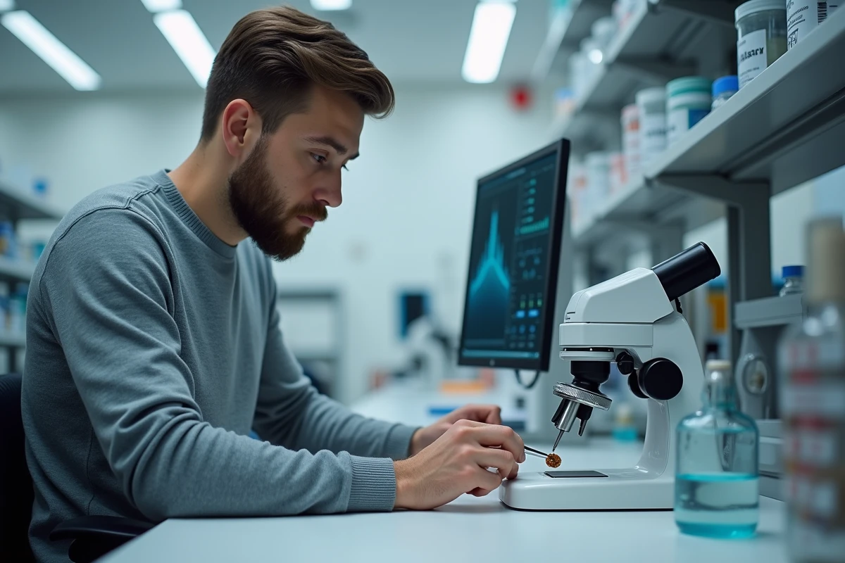 Chercheur en laboratoire manipulant une micropuce RFID subcutan&eacute;e lors de recherches sur l'implantation humaine