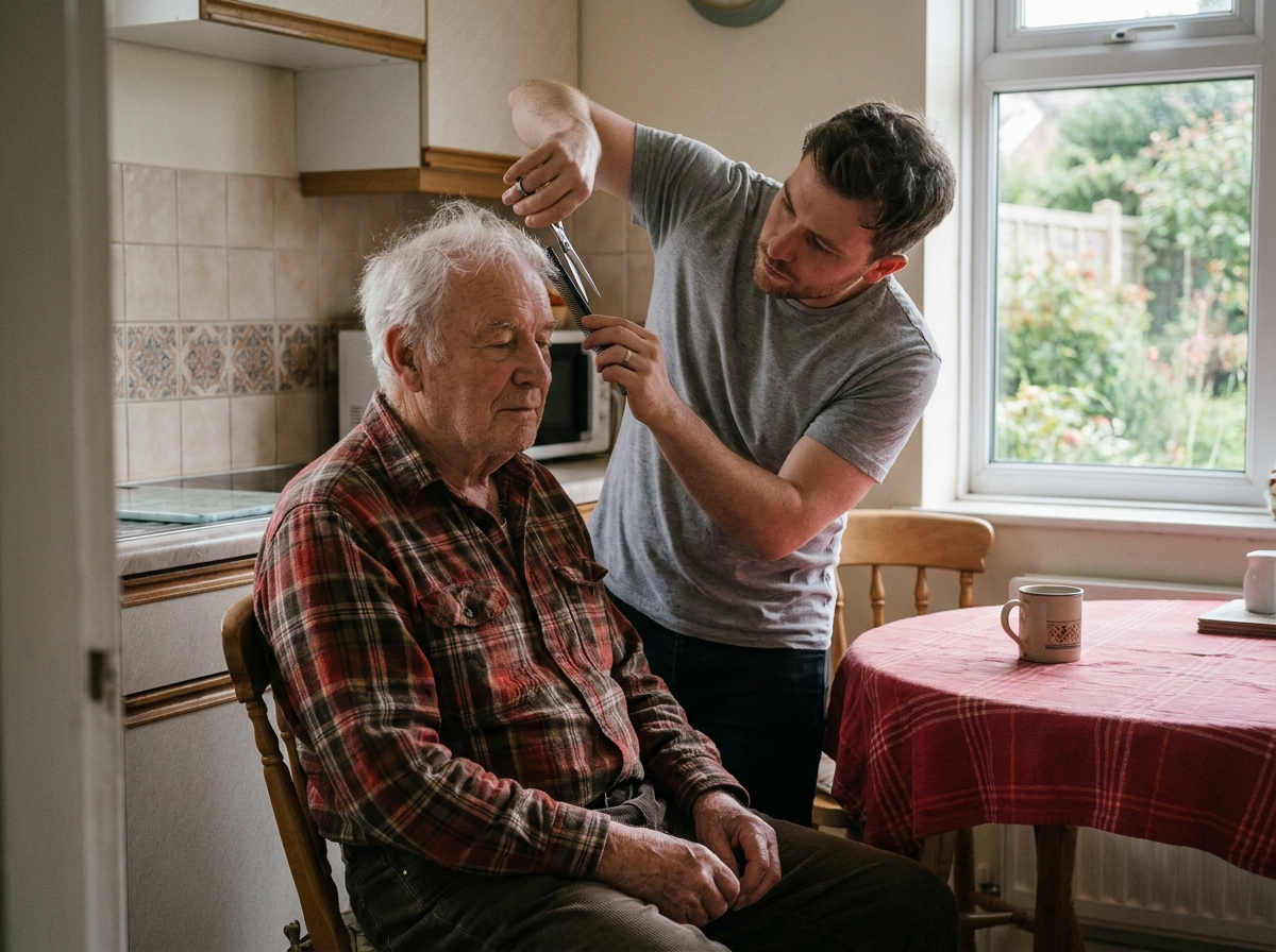 Coiffeur à domicile coupant les cheveux d'un homme âgé dans sa cuisine, ambiance détendue et familière