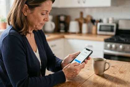 Femme d'âge mûr se connectant à l'application Philia admr sur son smartphone depuis sa cuisine