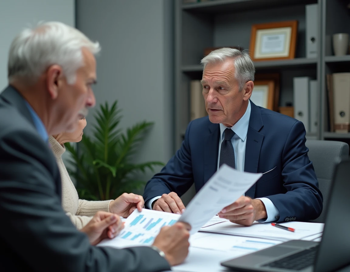 Conseiller financier expliquant le calcul de pension de réversion à un couple de retraités