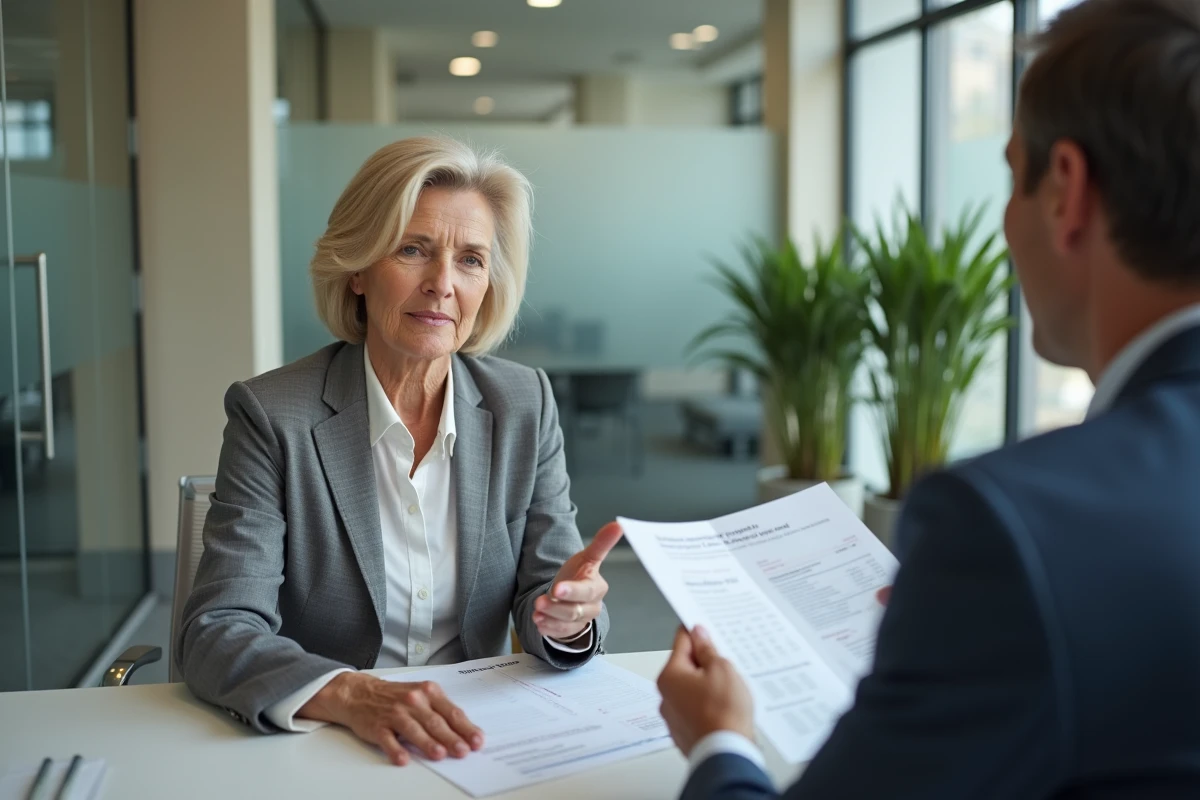 Femme ancienne combattante discutant de sa simulation de rente avec un conseiller mutualiste en agence