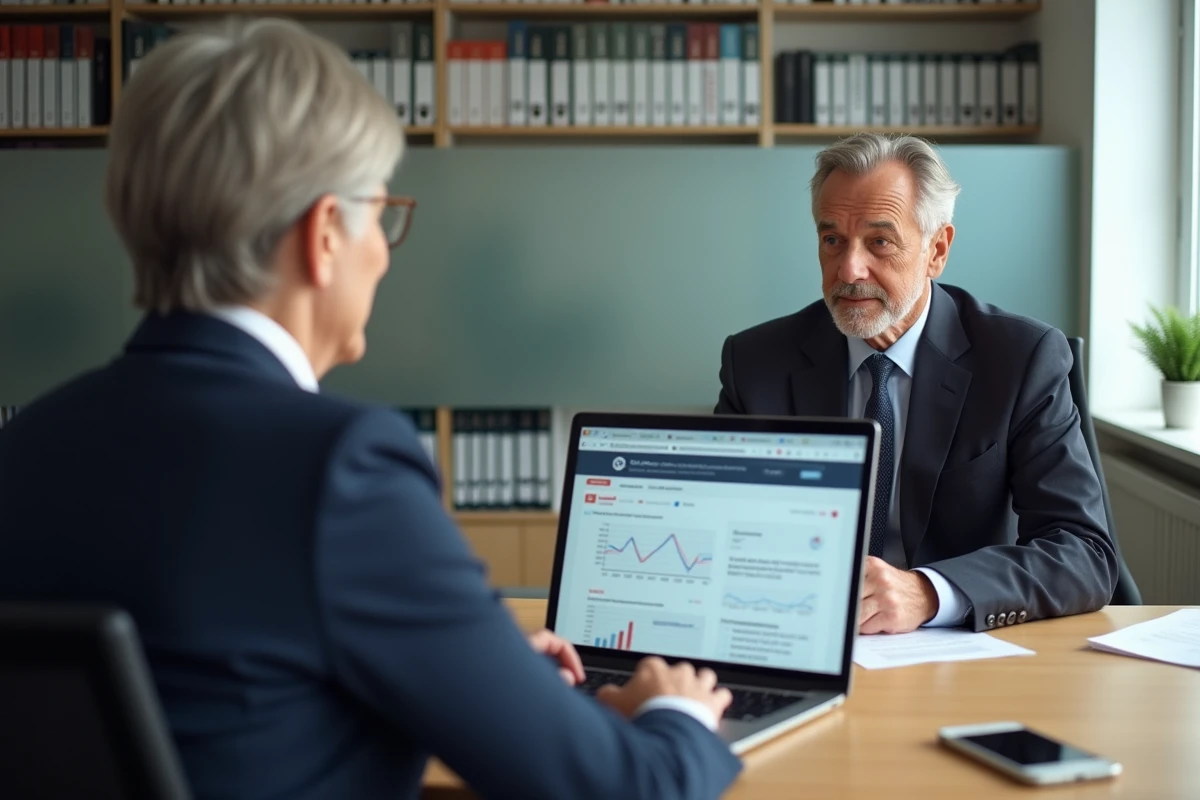 Conseiller financier présentant les options de revalorisation des retraites complémentaires à une cliente retraitée