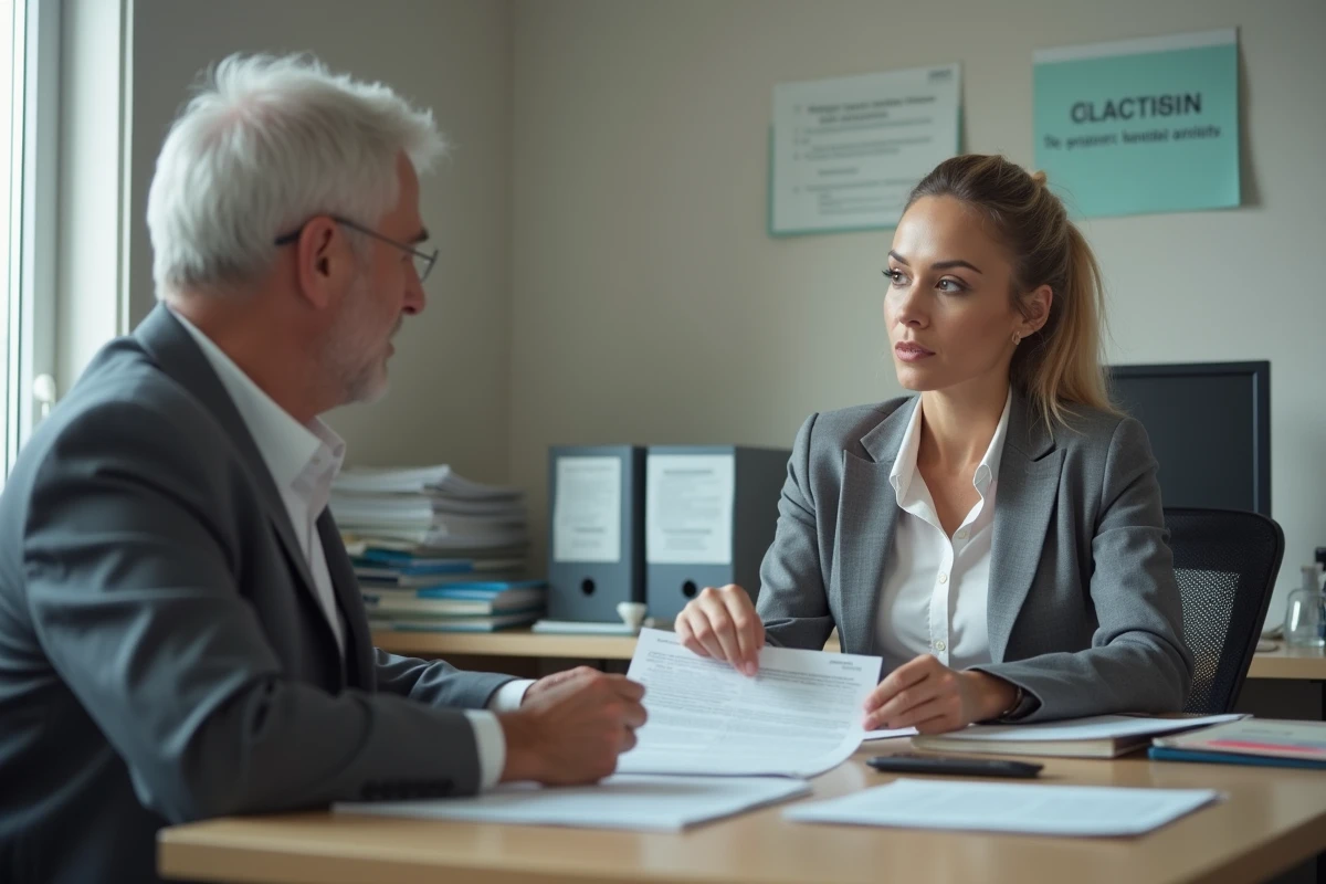 Conseillère en retraite expliquant les droits à l'invalidité à un chauffeur routier dans un bureau administratif