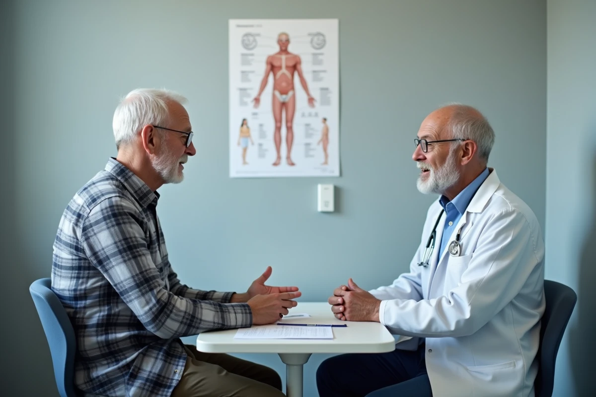 Gériatre réalisant un bilan de fragilité avec un patient âgé en consultation, évaluation du score IADL et repérage de la perte d'autonomie