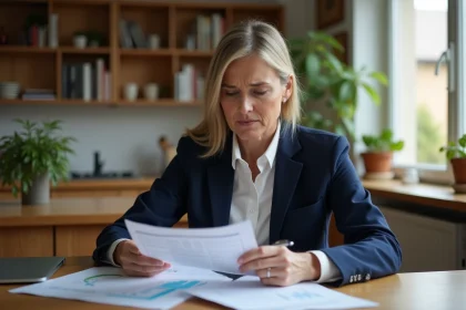 Femme d'&acirc;ge m&ucirc;r examinant des documents financiers &agrave; la table familiale pour calculer sa contribution aux frais de maison de retraite de ses parents