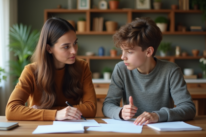 Femme d'âge moyen et adolescent discutent à table
