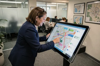 Coordinatrice municipale pilotant des services à domicile sur une interface cartographique numérique dans une mairie moderne