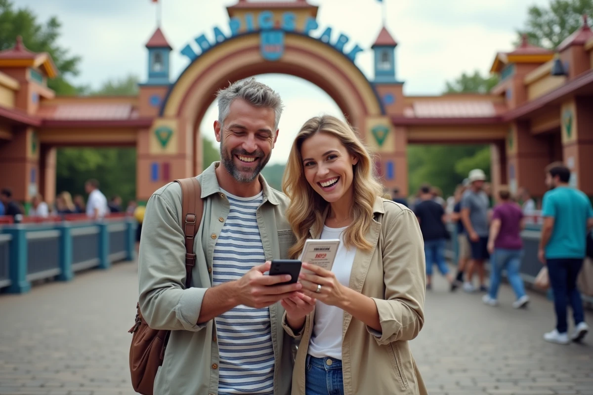 Couple à l'entrée d'un parc d'attractions avec des bons de réduction obtenus via le Portail Malin La Poste