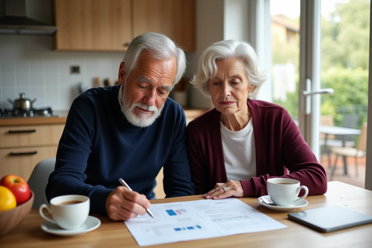Couple de 60 ans préparant leur retraite autour d'un tableau de calcul de pension à la maison