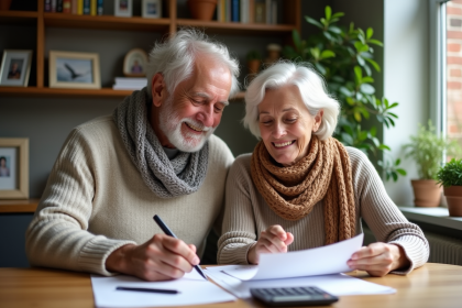 Couple belge retraité souriant en famille à la maison