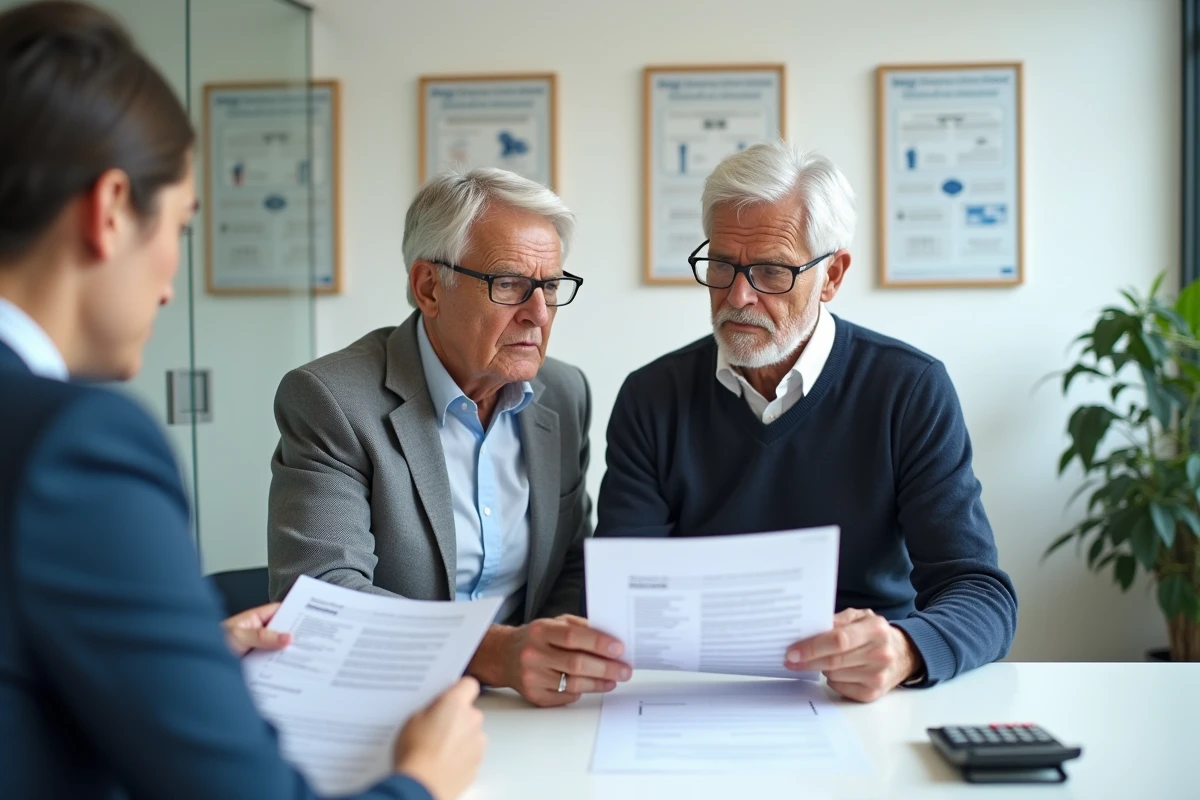 Couple de retraités en consultation avec un conseiller spécialisé en retraite Cnav dans une agence de prévoyance