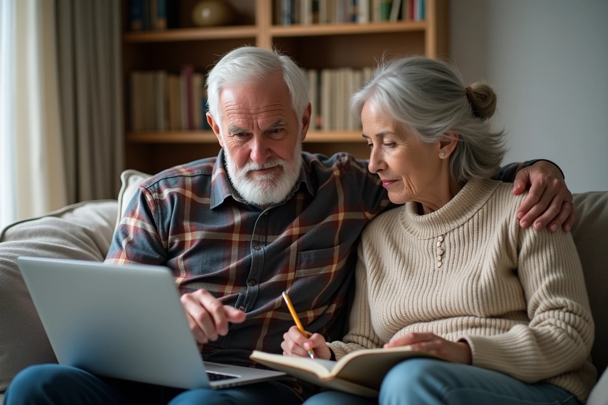 Couple de retraités consultant le portail en ligne Agirc-Arrco pour suivre un retard de paiement de pension