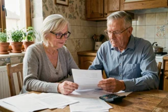 Couple de retraités consultant leurs documents de pension Agirc-Arrco à la table de leur cuisine