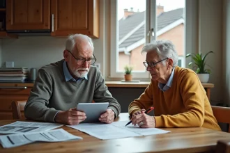 Couple retraités français examinant documents à la table